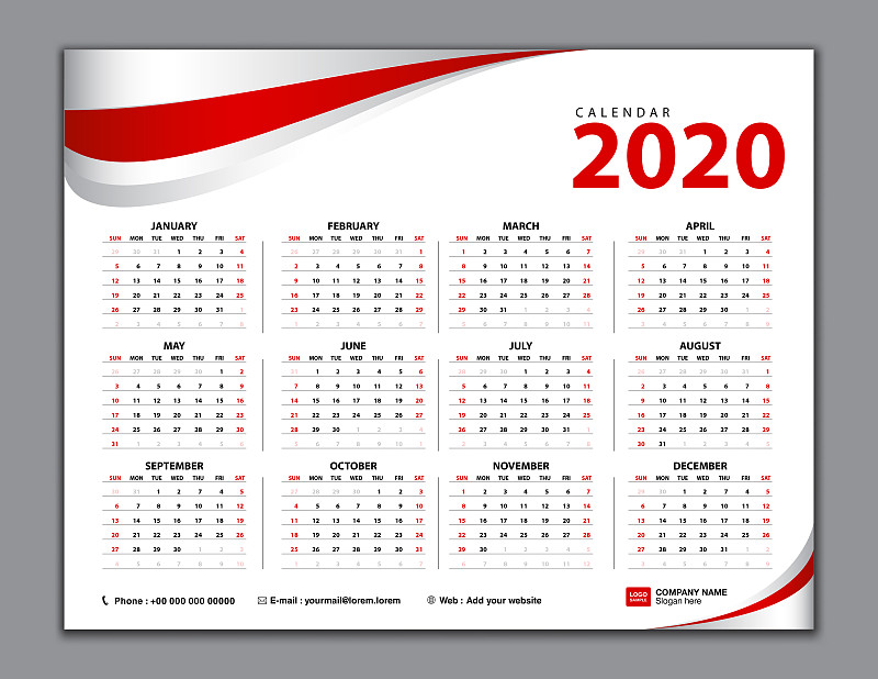 2020,简单,模板,背景,红色,开端,矢量,日历,星期日,星期