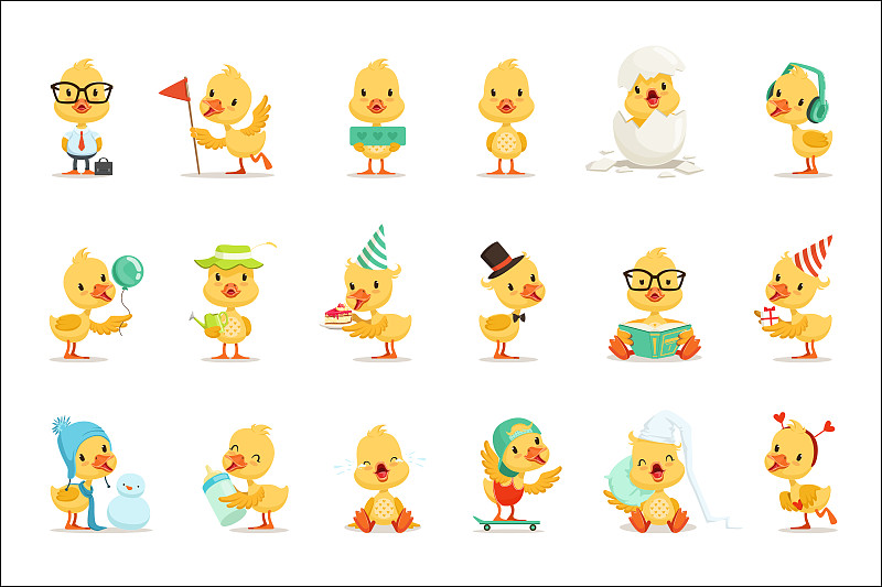 可爱的,绘画插图,黄色,鸭子,小鸡,小的,舞台,与众不同,网络表情,噪声