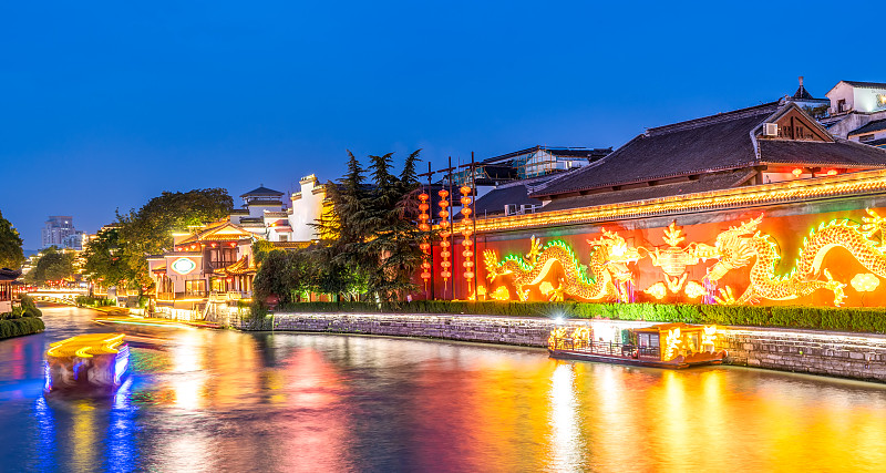 河流,夜晚,远古的,南京,建筑外部,乘船游,照明设备,船,著名景点,宣武