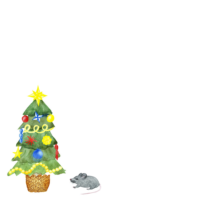 鼠,圣诞树,贺卡,留白,新年,请柬,手工着色,巨大的,构图,装饰
