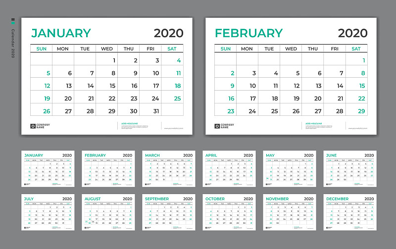 2020,模板,矢量,星期,书页,开端,星期日,台历,绿色背景,12到15个月