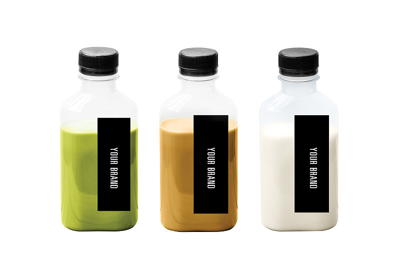 品牌名称,瓶子,牛奶,饮料,绿茶,咖啡,正下方视角,分离着色,轻蔑的,设计