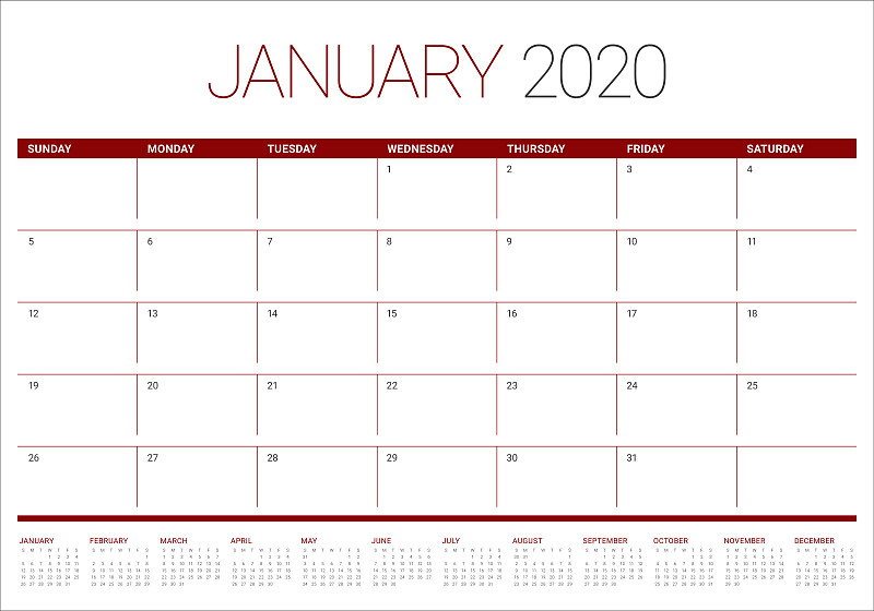 2020,一月,矢量,绘画插图,台历,个人备忘录,白昼,干净,月,简单