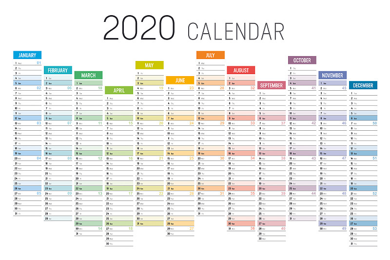 2020,多色的,水平画幅,日历,商务,英语,背景分离,月,法国,新年前夕