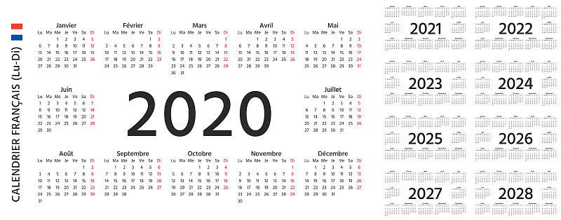 2020,法国,模板,绘画插图,矢量,日历,2021,2025,背景分离,星期一
