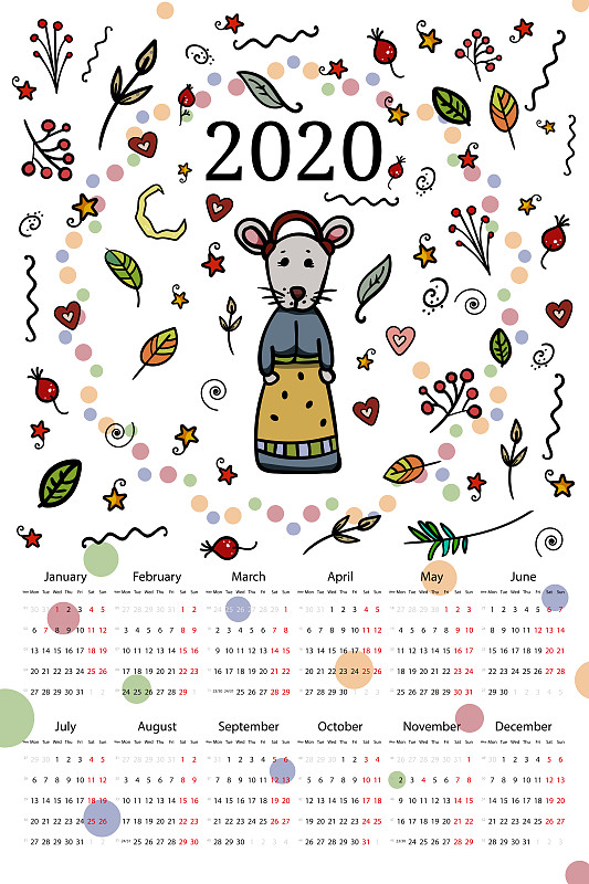 2020,动物,矢量,日历,可爱的,绘画插图,自然美,女孩,连衣裙,啮齿目