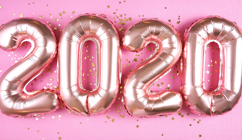 2020,新年前夕,玫瑰金,气球,金属质感,铝箔,粉色背景,倒计时,一月,数字1
