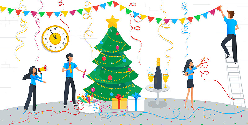 2020,贺卡,圣诞树,办公室,新年前夕,钟,香槟,花环,装饰