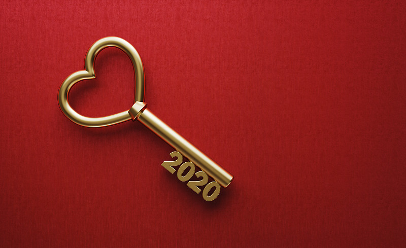 2020,钥匙,心型,黄金,红色背景,房间钥匙,安全,易接近性,一个物体,新年前夕