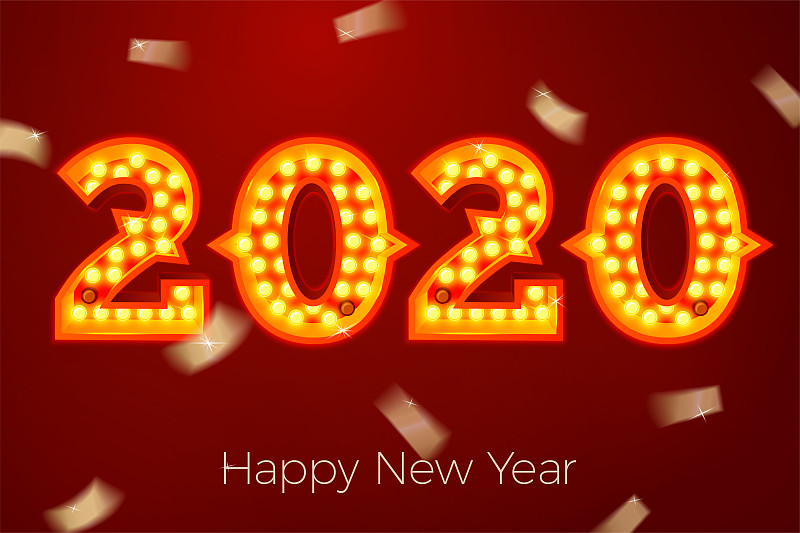 2020,矢量,数字,新年前夕,电灯泡,明亮,请柬,贺卡,计算机,传单