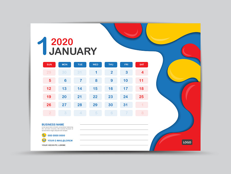 2020,一月,模板,液体,多色的,日历,背景,极简构图,设计