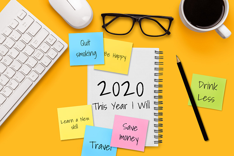 2020,办公室,做计划,清单,决心,商务,新年前夕,书桌,笔记本,渴望