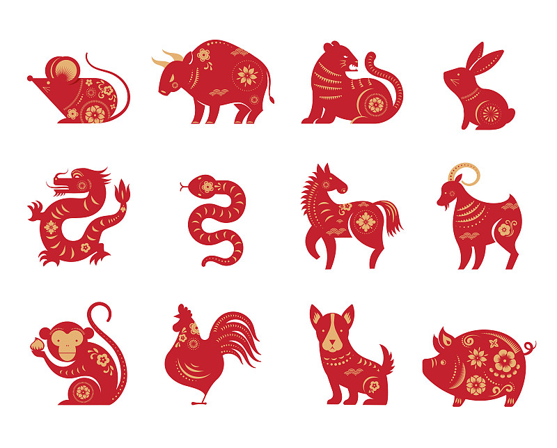 矢量,春节,绘画插图,符号,哑语,十二生肖,狗,猪,动物,中国