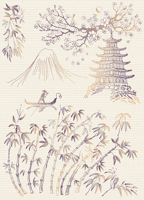 草图,自然,矢量,墨水,山,传统,船,纹理,绘画插图,日本