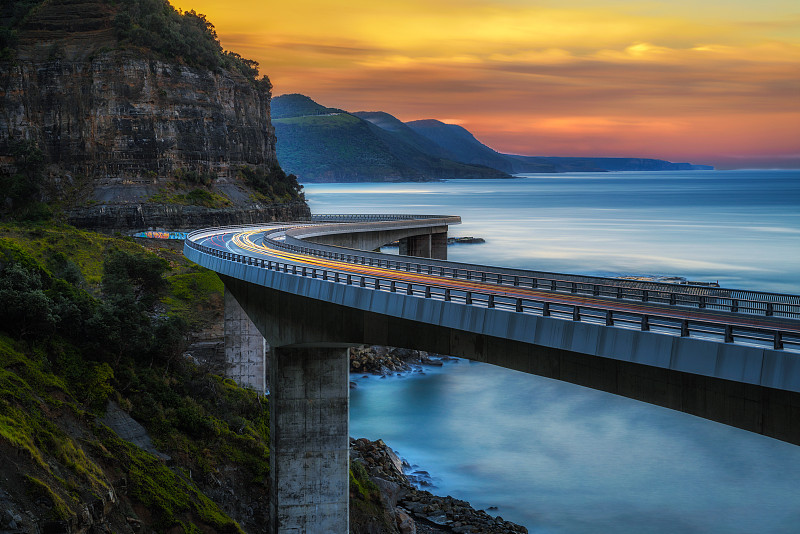 桥,悬崖,海岸线,澳大利亚,海洋,太平洋,交通,照明设备,日落,越过
