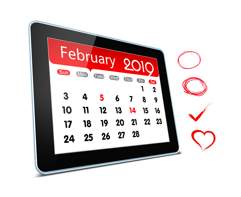 2019,日历,平板电脑,二月,分离着色,新年,春节,数字化显示,月,边框