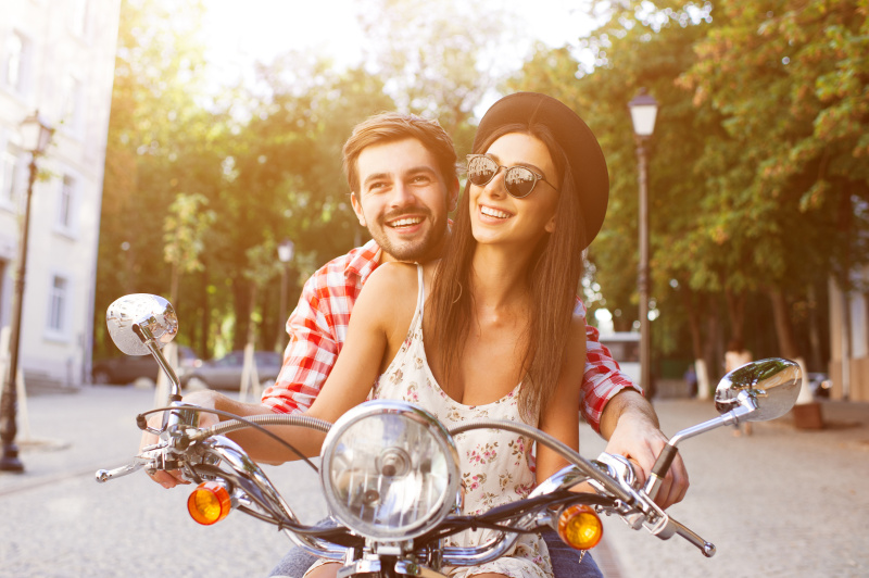 小型摩托车,学开车,异性恋,路,机动脚踏车,摩托车,春天,乐趣,夏天,伴侣