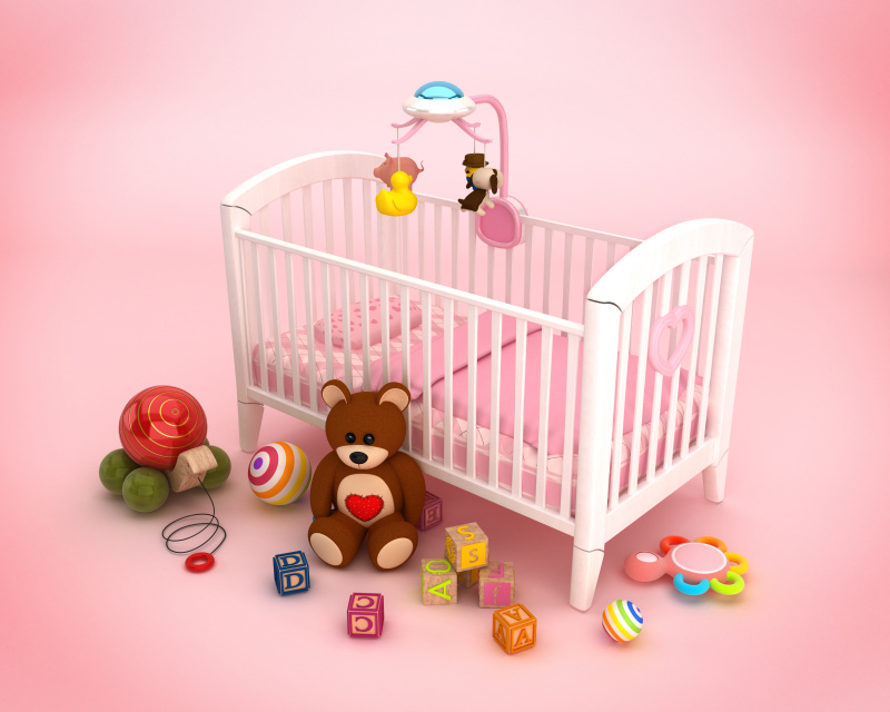 婴儿床,婴儿,玩具,无人,床,女孩,熊,动物,卧室,睡觉