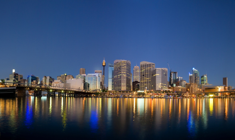 悉尼,曙暮光,达伶港,视角,城市生活,新南威尔士,海港,黄昏,船
