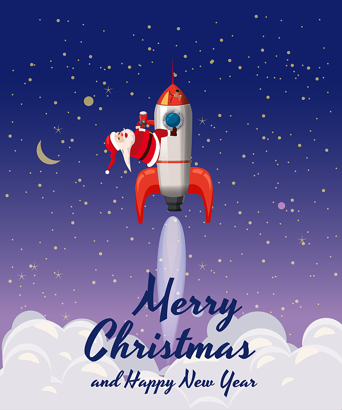 火箭,太空,冬天,矢量,星星,绘画插图,圣诞老人,新年前夕,问候
