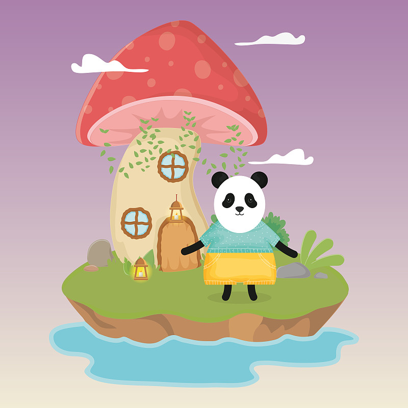 熊猫,裙子,灯,童话故事,可爱的,幻想,蘑菇,房屋