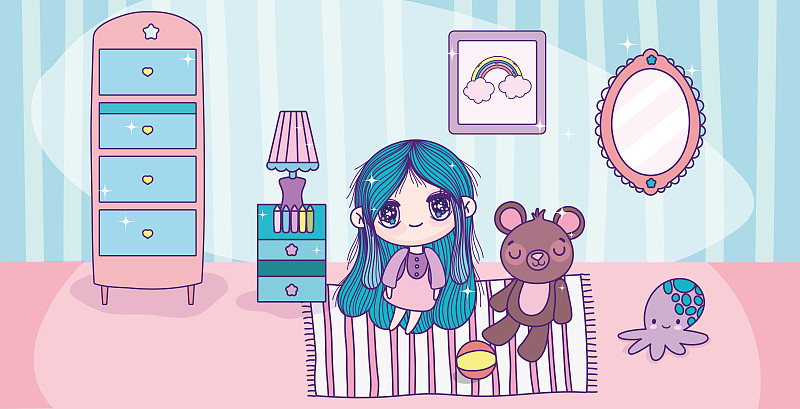 玩具,女孩,日本漫画风格,可爱的,泰迪熊,住宅房间