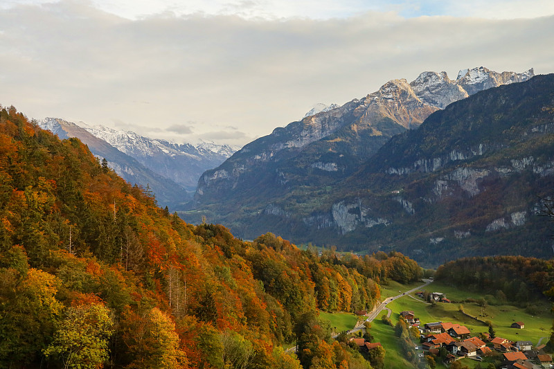 瑞士,都市风景,自然,秋天,季节,传统,因特拉肯,雪,瑞士阿尔卑斯山,著名景点