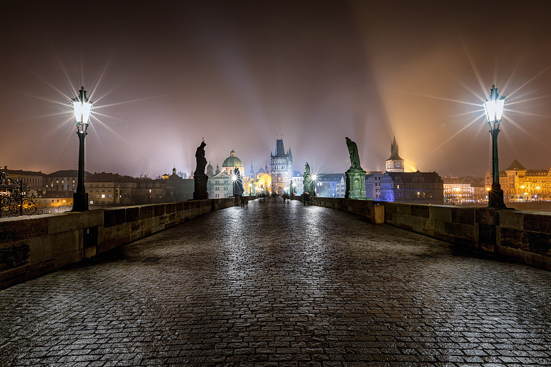 夜晚,布拉格,捷克,名声,查理大桥,波西米亚,寒冷,著名景点,河流,哥特式风格
