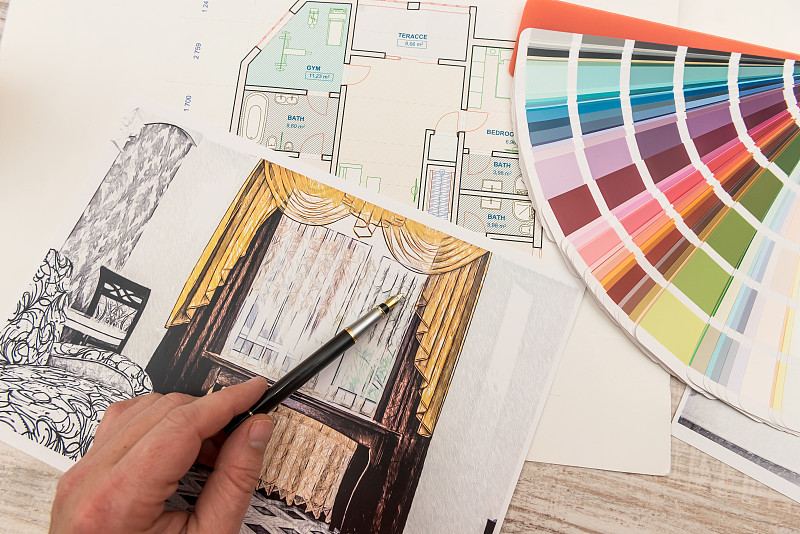 草图,公寓,彩色图片,极简构图,设计师,新的,专业人员,色板,蓝图,色彩鲜艳