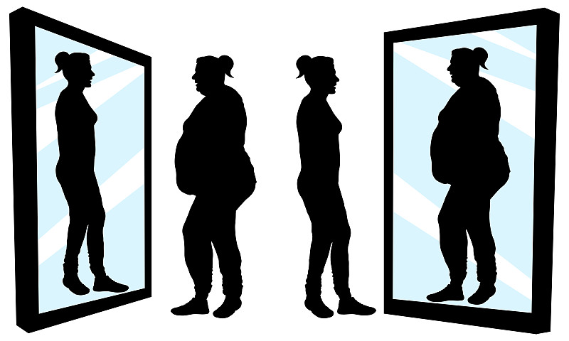 前面,细的,女孩,看,镜子,矢量,肥胖,厚的,女人,复杂性