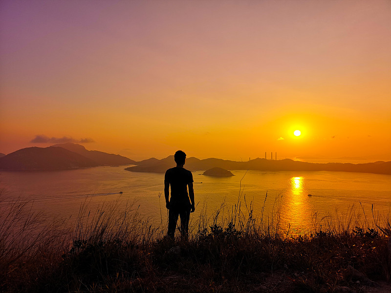 山,徒步旅行,男人,,掸邦,看,云景,曙暮光,环境,橙色