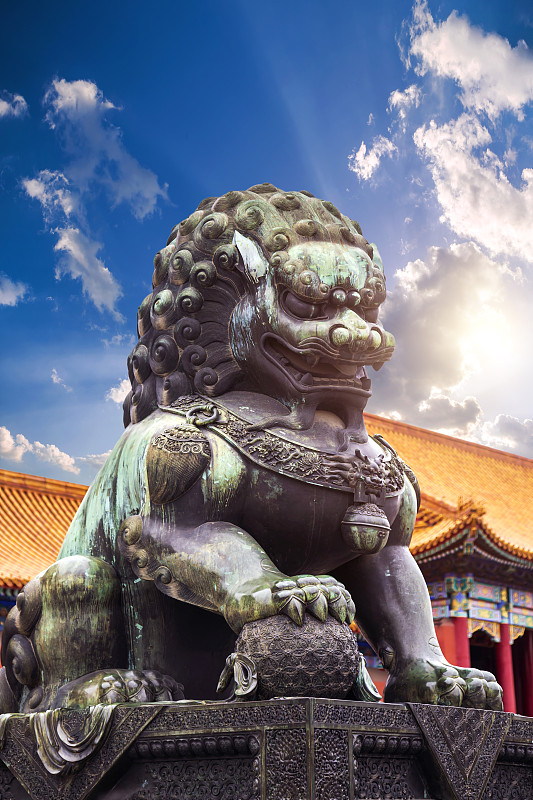 北京,狮子,雕像,故宫,青铜,云,狮王,古典式,动物,中国