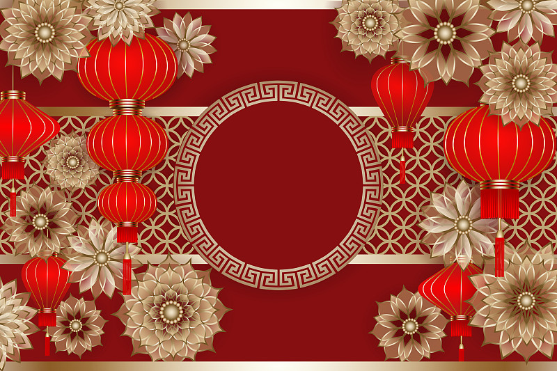 灯笼,春节,边框,背景,圆形,红色,黄金,传统,2020,贺卡