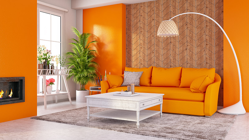 橙色,起居室,几何形状,茶几,扶手椅,华贵,砖,舒服,软垫,松木