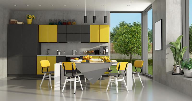 黄色,厨房,极简构图,黑色,地板,椅子,现代,住宅内部,植物,水果