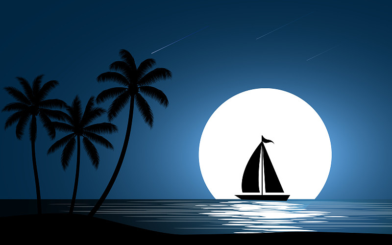 夜晚,帆,游艇,曙暮光,黄昏,船,帆船,自然美,海滩度假,绘画插图