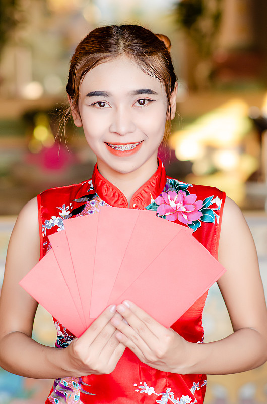 春节,女孩,幸福,亚洲,红色,信封,传统,越南,肖像,一个人