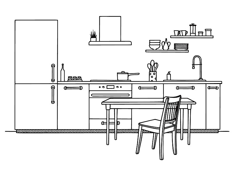 草图,厨房,绘画插图,家具,矢量,手,高雅,斯堪的纳维亚半岛,部分,背景分离