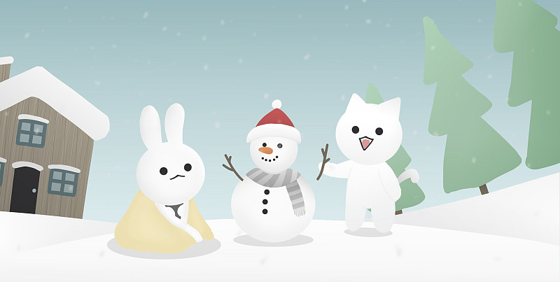兔子,房屋,冬天,猫,雪人,季节,设计师标签,纸牌,寒冷