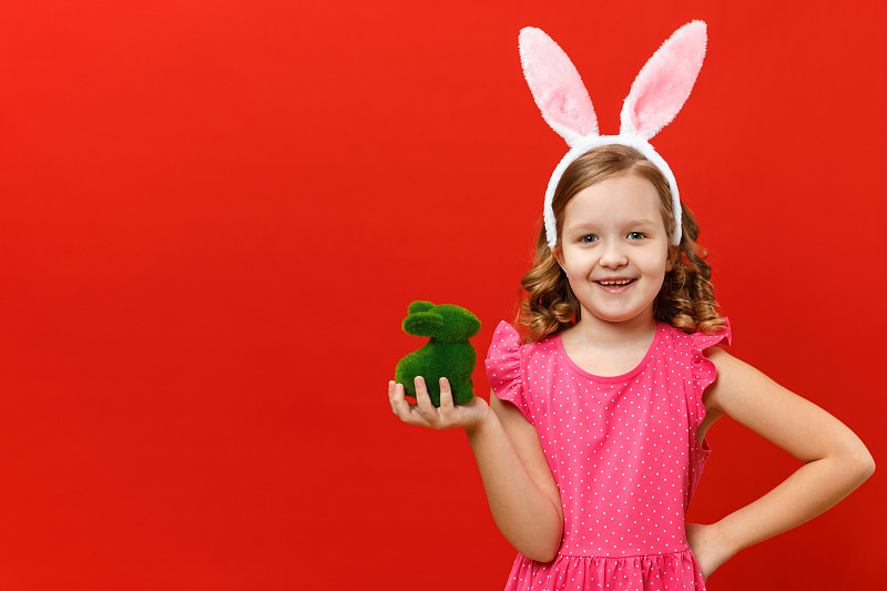 可爱的,复活节,拿着,兔子,婴儿,女孩,幸福,红色,绿色,特写