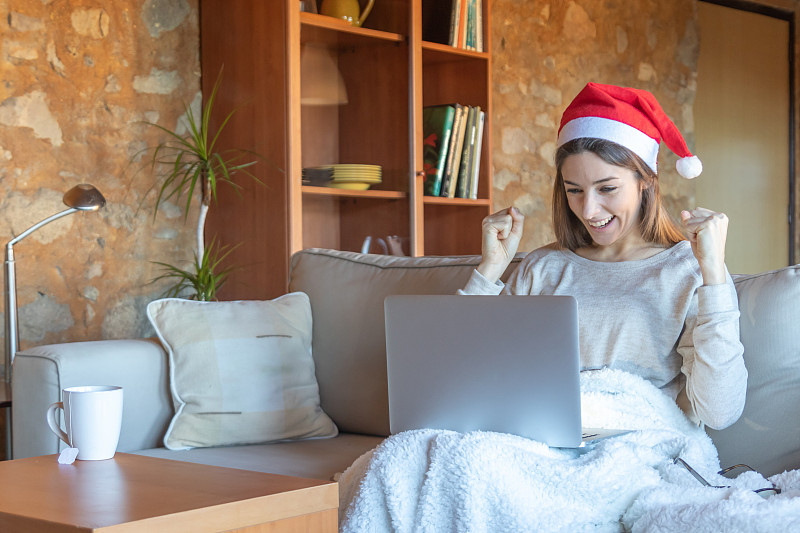 圣诞帽,青年女人,幸福,笔记本电脑,看,商务,计算机,温馨家园,一个人,技术