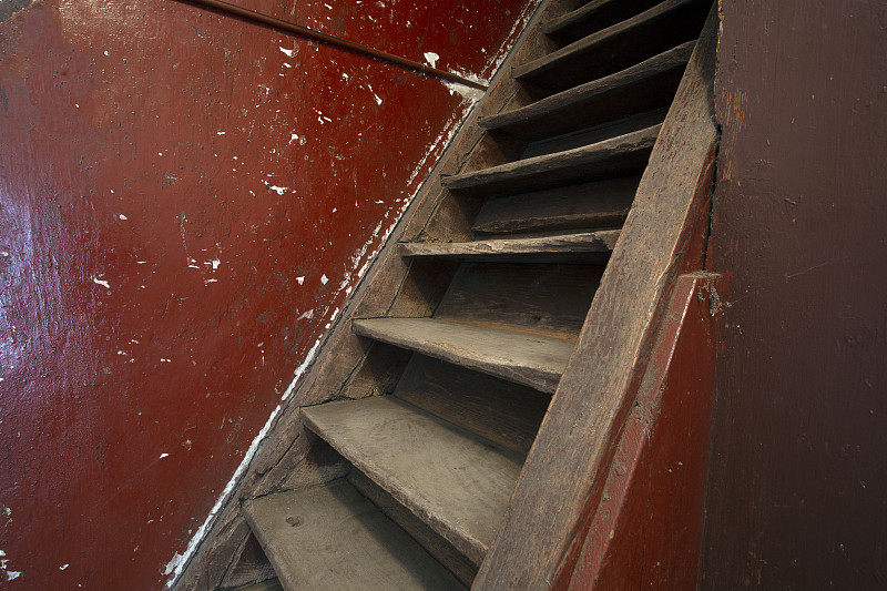 红色,古老的,墙,楼梯,褐色,阁楼,木制,损坏的,依靠,翻修