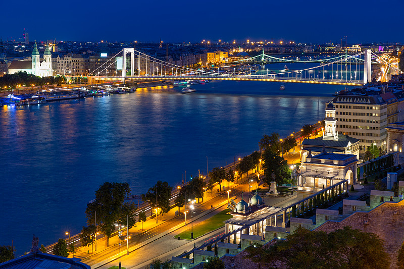 布达佩斯,夜视,多瑙河,桥,航拍视角,在上面,匈牙利,交通,黄昏,著名景点