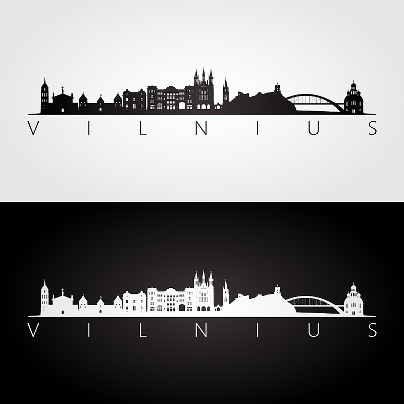 维尔纽斯,著名景点,绘画插图,城市天际线,矢量,式样,黑白图片,立陶宛共和国,商务,背景分离
