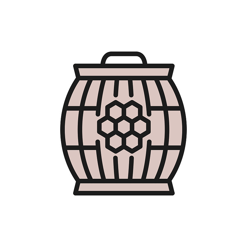 桶,蜂蜜,平坦的,彩色图片,白色背景,分离着色,线图标,木制,农业,商务