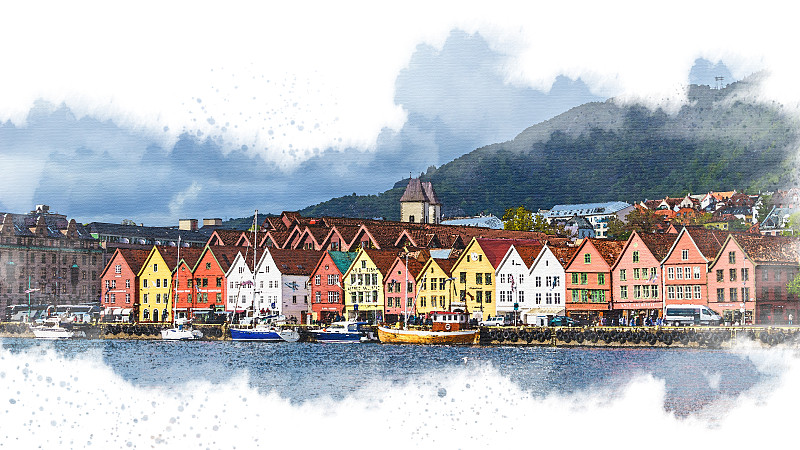 水彩画颜料,挪威,斯堪的纳维亚半岛,铅笔,涂料,艺术品,草图,建筑,连栋房屋,市区