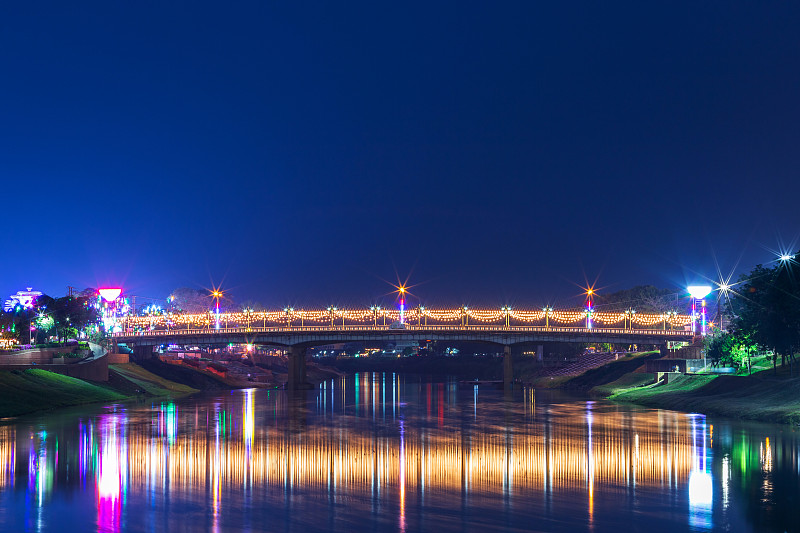 泰国,河流,城市,夜晚,自然美,灯开关,桥,桥式,彭世洛府,活力