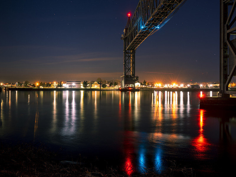 夜晚,光,科德角运河铁路大桥,在下面,多色的,伯恩,马萨诸塞,新英格兰,曙暮光,柯德角