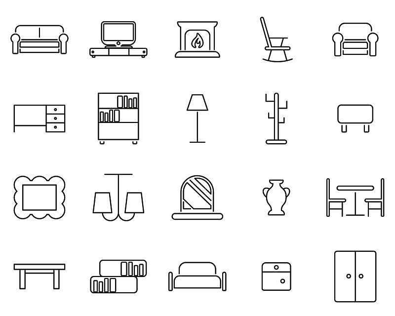 细的,家具,成一排,计算机图标,黑白图片,巨大的,线条,背景分离,长软椅,简单