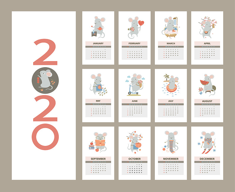2020,模板,动物,符号,鼠,老鼠,日历,可爱的,春节